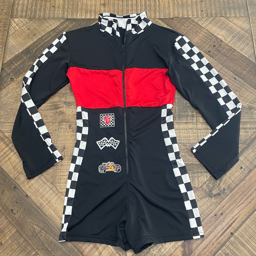 Women's Racing-Style Black & Red Zip Front Romper Costume-medium